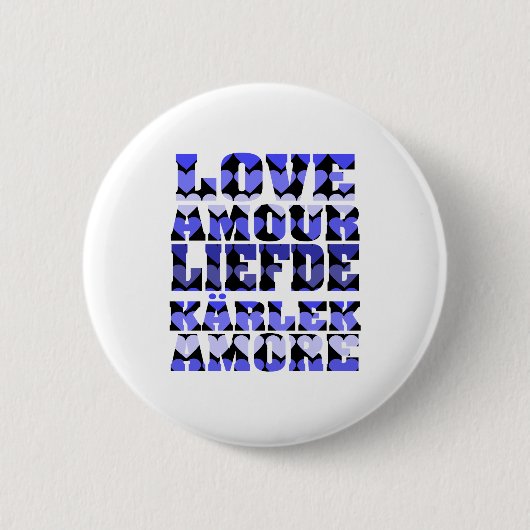 Badge Rond 5 Cm L'amour dans plusieurs langues Coeurs Bleus (Devant)