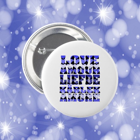 Badge Rond 5 Cm L'amour dans plusieurs langues Coeurs Bleus