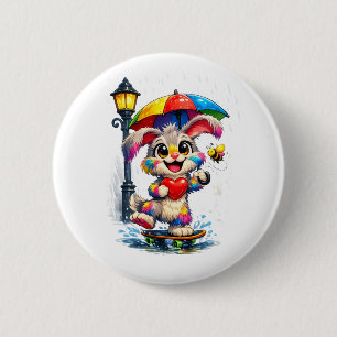 Badge Rond 5 Cm Lapin arc-en-ciel mignon avec motif parapluie