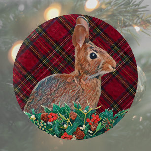Badge Rond 5 Cm Lapin avec baies de houx et carreaux