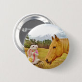 Badge Rond 5 Cm Lapin blanc et Cheval jaune (Devant & derrière)