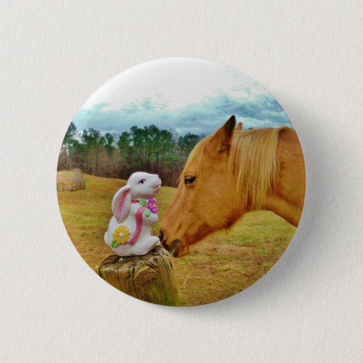 Badge Rond 5 Cm Lapin blanc et Cheval jaune (Devant)