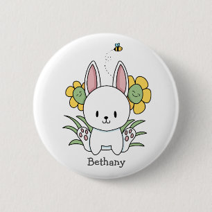 Badge Rond 5 Cm Lapin de dessin animé avec des fleurs amusantes