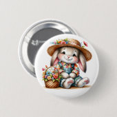 Badge Rond 5 Cm Lapin de Pâques avec des fleurs (Devant & derrière)