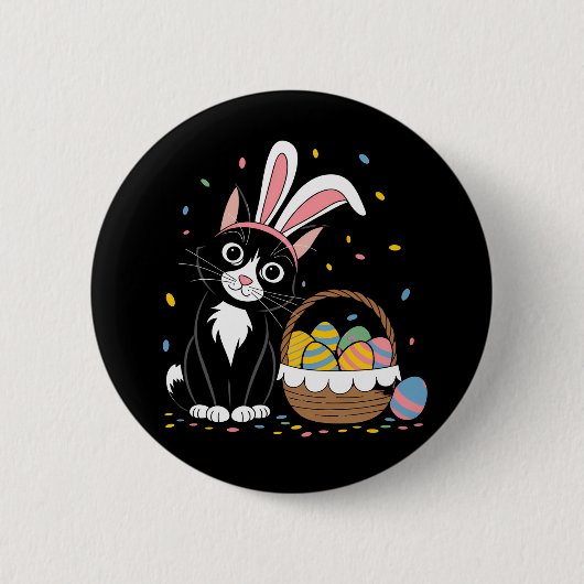 Badge Rond 5 Cm Lapin de Pâques Chat Noir Smoking Oreilles de Lapi (Devant)