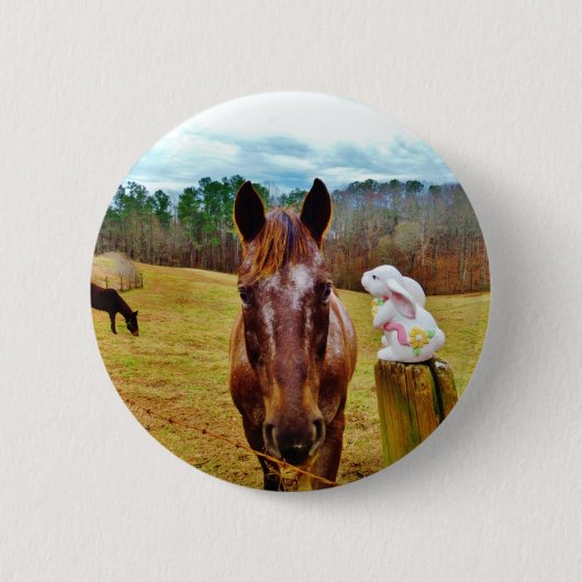 Badge Rond 5 Cm Lapin de Pâques et cheval Brown (Devant)