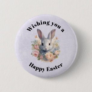 Badge Rond 5 Cm Lapin Entouré de Fleurs Pastel Douce Pâques