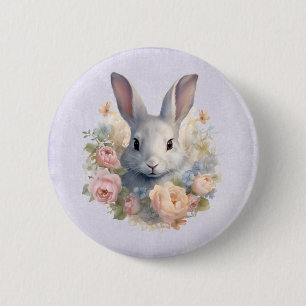 Badge Rond 5 Cm Lapin entouré de fleurs pastel Mignon
