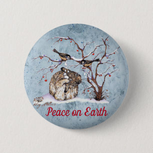 Badge Rond 5 Cm Lapin et Oiseaux de Neige