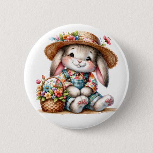 Badge Rond 5 Cm Lapin Lapin Avec Flore (Devant)
