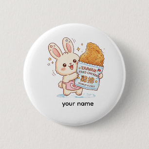 Badge Rond 5 Cm Lapin mignon mangeant un cutlet de poulet frit taï