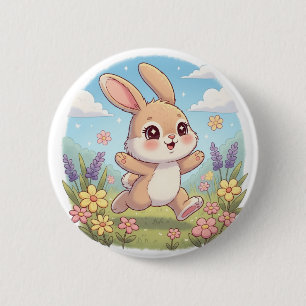 Badge Rond 5 Cm Lapin mignon sautant dans un champ de fleurs