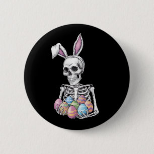Badge Rond 5 Cm Lapin Squelette tenant des oeufs de Pâques lapin d
