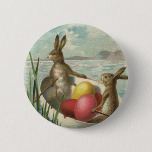 Badge Rond 5 Cm Lapins de Pâques vintage dans un bateau avec des œ