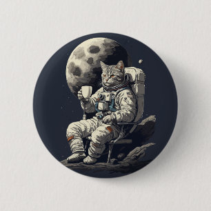 Badge Rond 5 Cm L'astronaute Chat ayant une coupe de café