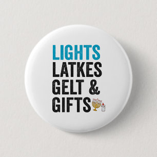 Badge Rond 5 Cm Latkes lumineuses gelt et cadeaux drôle Hanukkah j