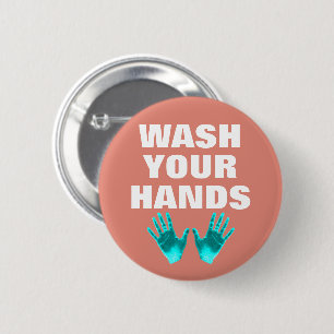 Badge Rond 5 Cm Lavez-vous les mains Turquoise Blue Rose Hygiene r