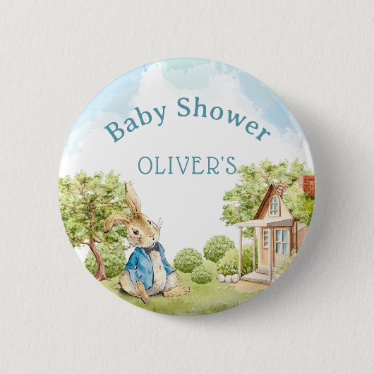 Badge Rond 5 Cm Le Baby shower Bleu Pierre Le Lapin (Devant)