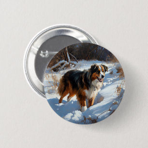 Badge Rond 5 Cm Le Berger Australien Laisser Neige Noël