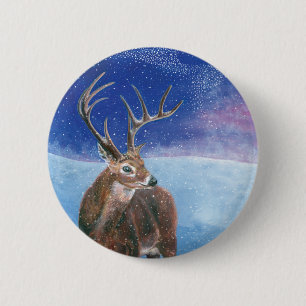 Badge Rond 5 Cm Le Cerf rouge Cervus elaphus et paysage hivernal