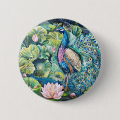 Badge Rond 5 Cm Le paon dans l'étang rose Lotus (Devant)