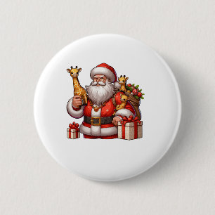 Badge Rond 5 Cm Le Père Noël américain tient une Girafe présente N