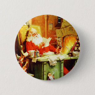 Badge Rond 5 Cm Le père noël faisant sa liste, le vérifiant deu
