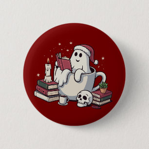 Badge Rond 5 Cm Lecteur de fantômes livres Noël professeur bibliop