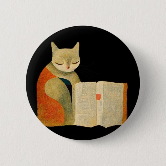 Badge Rond 5 Cm Lecture simple d'un livre par chat (Devant)