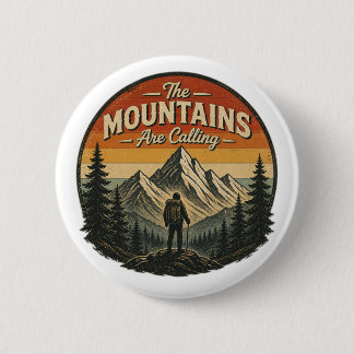 Badge Rond 5 Cm Les montagnes appellent – Randonnée vintage