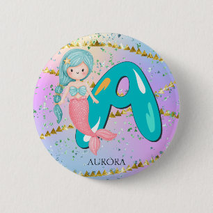 Badge Rond 5 Cm Lettre A Monogramme Aquarelle mignonne Sirène