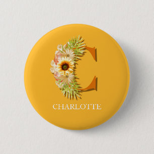 Badge Rond 5 Cm Lettre C Tournesol Floral avec nom