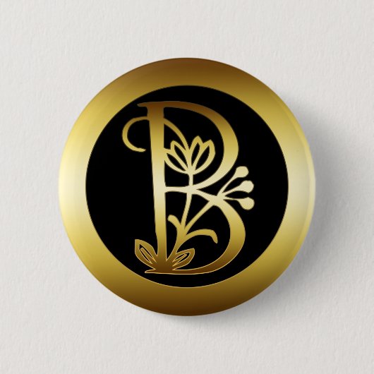 BADGE ROND 5 CM LETTRE FLORALE B DE MONOGRAMME D'OR (Devant)