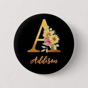 Badge Rond 5 Cm Lettre Florale d'or A Monogramme Mariage Faveur