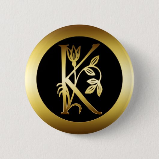 BADGE ROND 5 CM LETTRE FLORALE K DE MONOGRAMME D'OR (Devant)