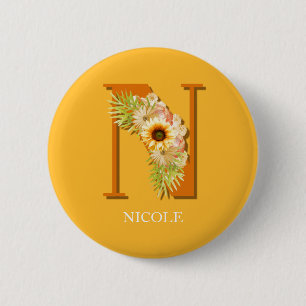 Badge Rond 5 Cm Lettre N Tournesol Floral Monogramme avec Nom