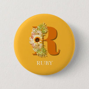 Badge Rond 5 Cm Lettre R Tournesol Floral Monogramme avec Nom