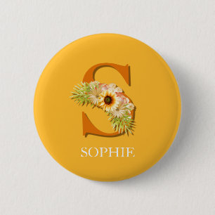 Badge Rond 5 Cm LETTRE S Tournesol Floral Monogramme avec nom