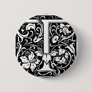 Badge Rond 5 Cm Lettre T Monogramme Art Nouveau Médiéval