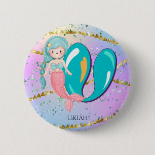 Badge Rond 5 Cm Lettre U Monogram Aquarelle mignonne Sirène