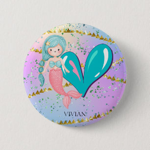 Badge Rond 5 Cm Lettre V Monogramme Aquarelle mignonne Sirène