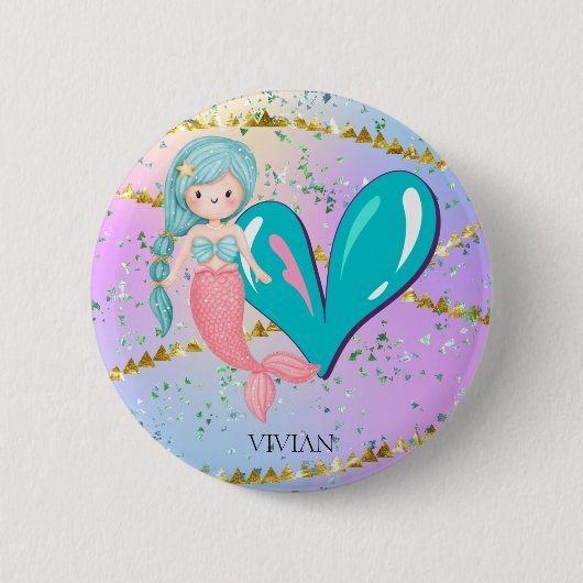 Badge Rond 5 Cm Lettre V Monogramme Aquarelle mignonne Sirène (Devant)