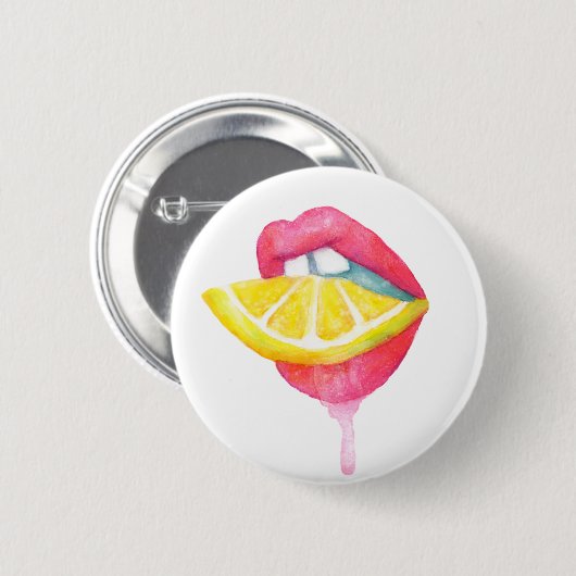 Badge Rond 5 Cm Lèvre d'aquarelle et bouton de citron (Devant & derrière)