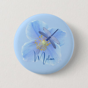 Badge Rond 5 Cm Libellule sur bouton de Pavot Bleu