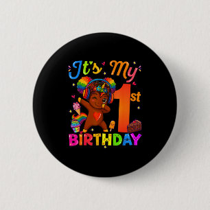 Badge Rond 5 Cm Licorne Afro 1ère Fille Anniversaire Cheveux Natur