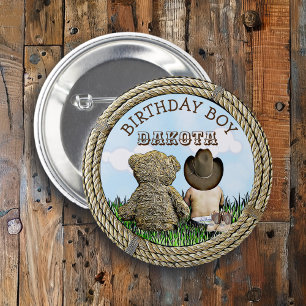 Badge Rond 5 Cm Lil' Cowboy et Teddy Bear Boy's Birthday Boy