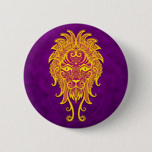 Badge Rond 5 Cm Lion tribal pourpre et jaune complexe