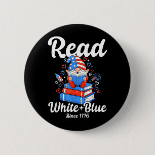 Badge Rond 5 Cm Lire blanc bleu USA Gnome lisant 4 juillet