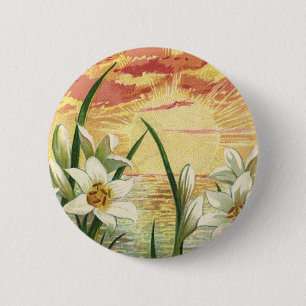 Badge Rond 5 Cm Lis de Pâques vintage au lever du soleil et anges