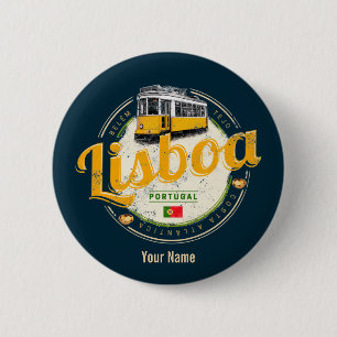 Badge Rond 5 Cm Lisbonne Portugal avec Tramway Retro Souvenir Vint
